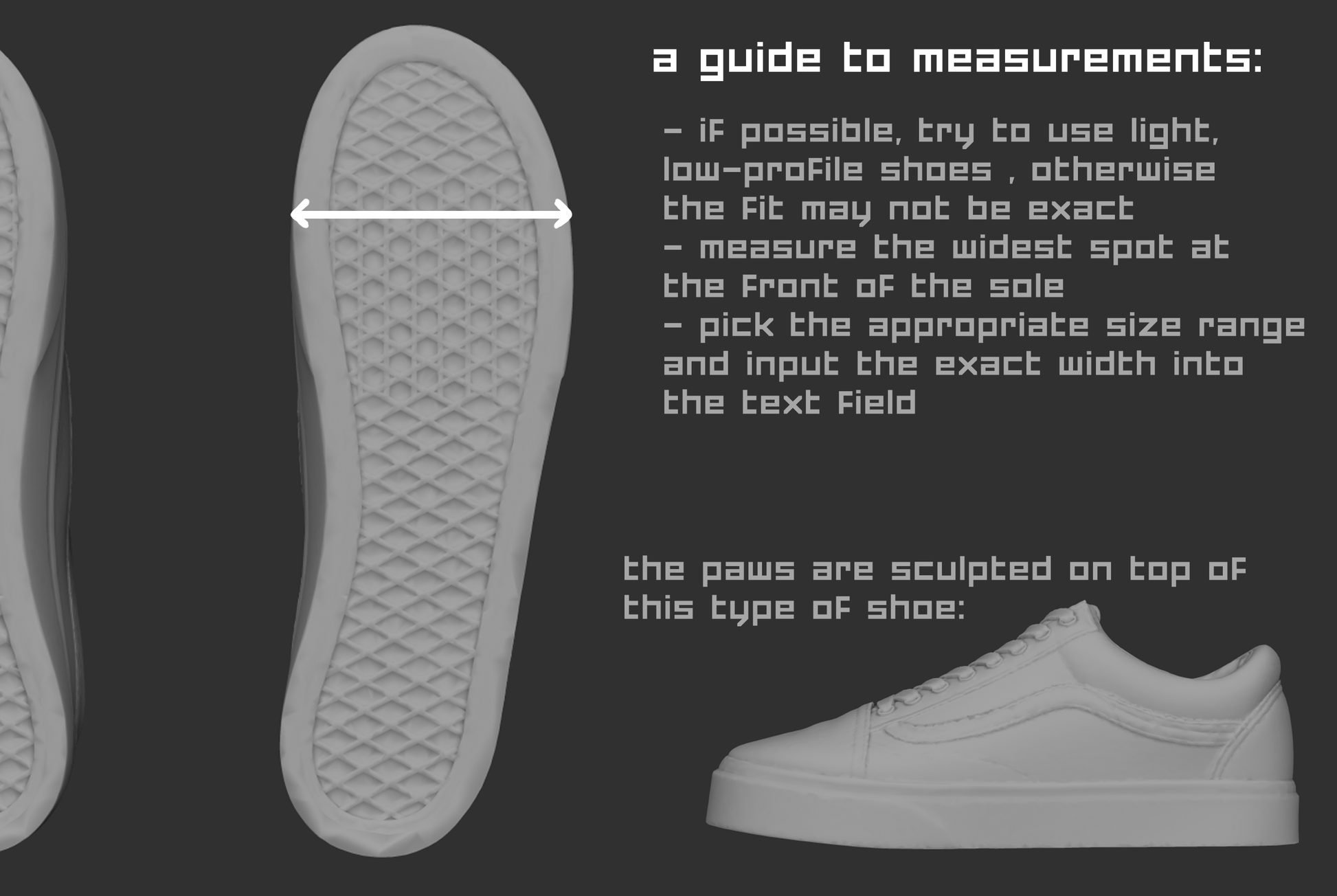 Guide to measuring shoes for fursuit or costume TPU shoe covers with gray renders of shoes on a dark background.