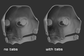 Comparison of a mask or fursuit base design with and without eye tabs on a dark background.