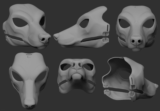 A collection of 3D rendered, light grey images showing different angles of a generic canine head base designed for fursuits, displaying the front, side, and back views against a dark grey background.