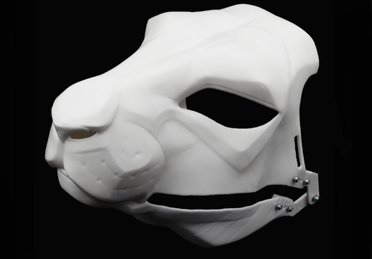 Photo showing a white, plastic 3D printed hare fursuit head base complete with metal hardware at a 3/4 angle against a black background.