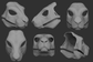 Gray 3D models of a hare mask or fursuit base from different angles on a dark background.