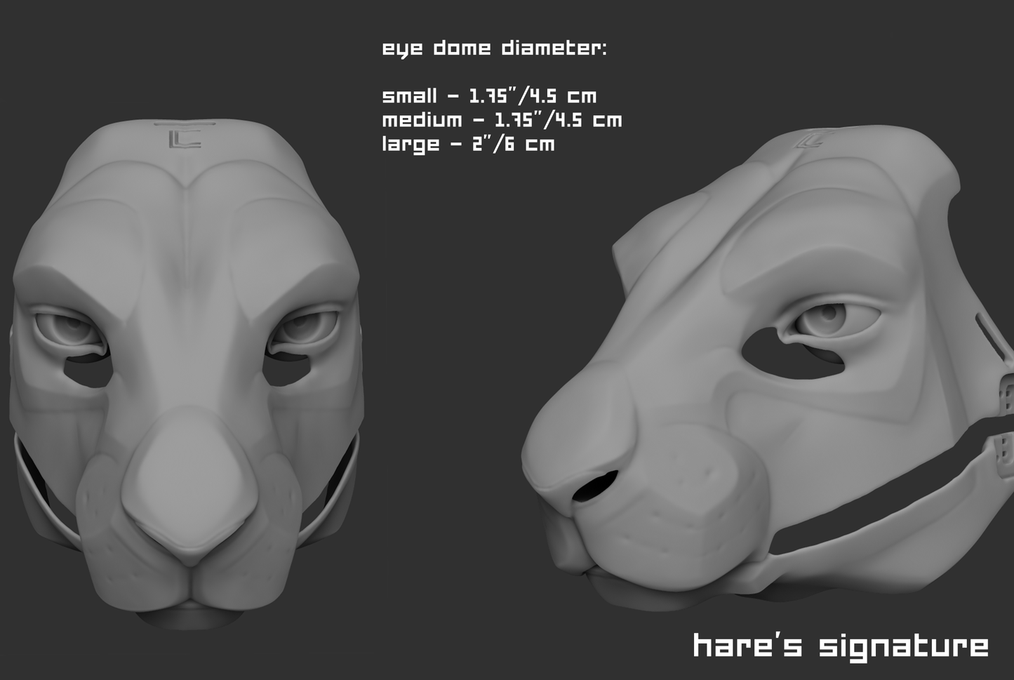 Example of a "signature" humanoid realistic eye style on a 3D model of a hare mask or fursuit base on a dark background.