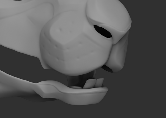 Gray 3D model of a hare's head with open mouth showing teeth on a dark background.