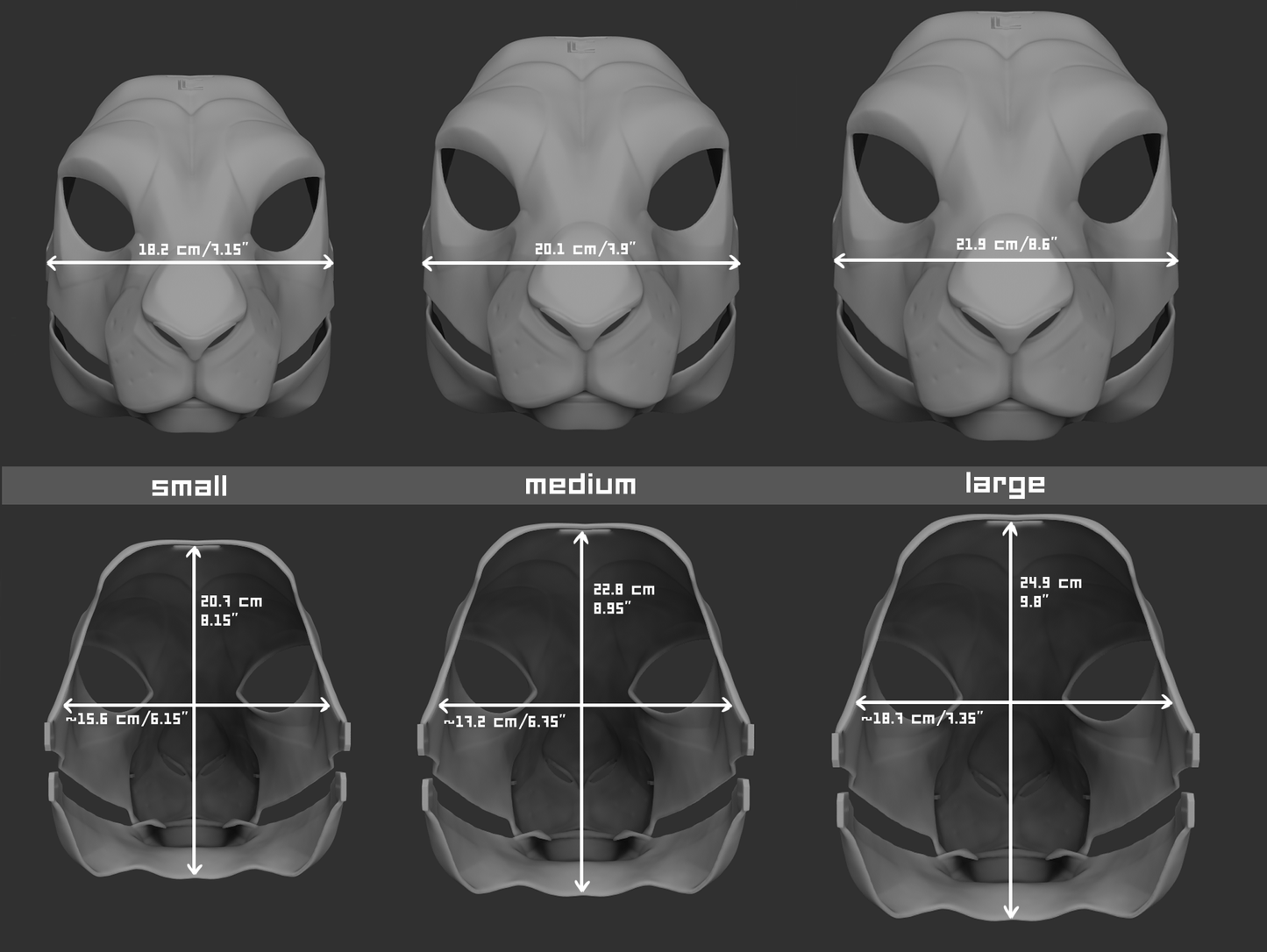 Size chart for a hare mask or fursuit base with measurements labeled for small, medium, and large sizes on a dark background.
