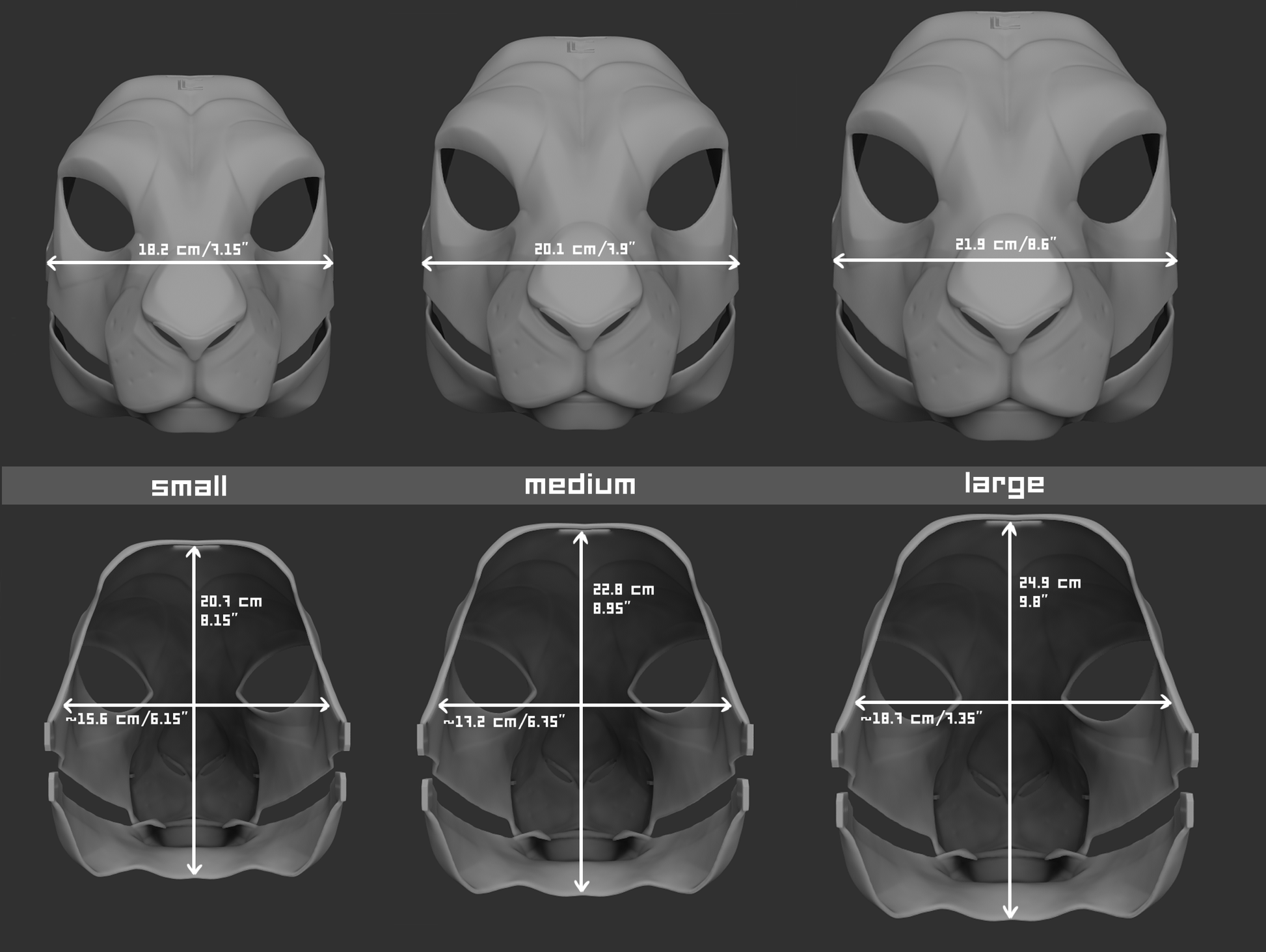 Size chart for a hare mask or fursuit base with measurements labeled for small, medium, and large sizes on a dark background.