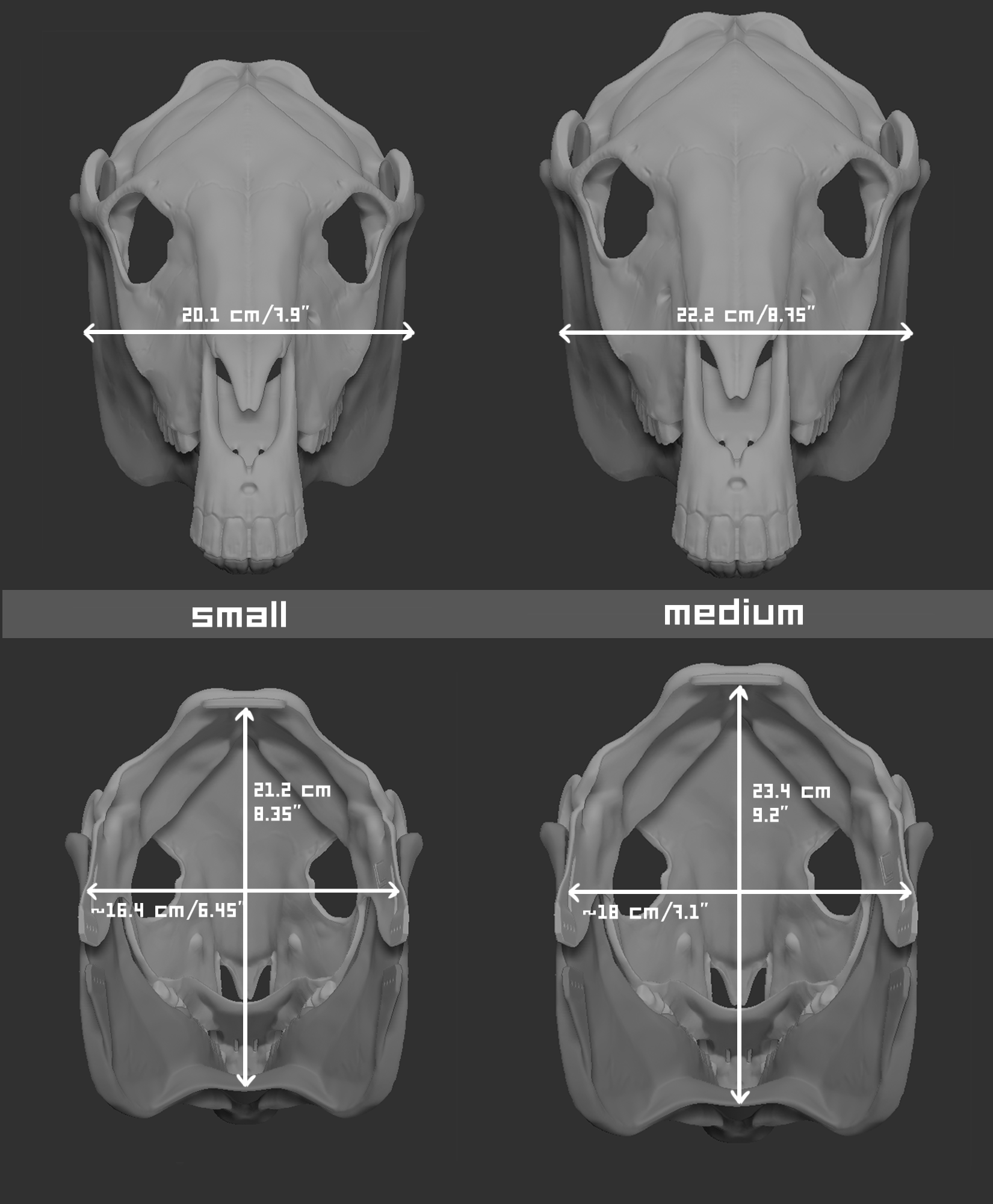 Size chart for a horse/equine skull mask or fursuit base with measurements labeled for small and medium sizes on a dark background.