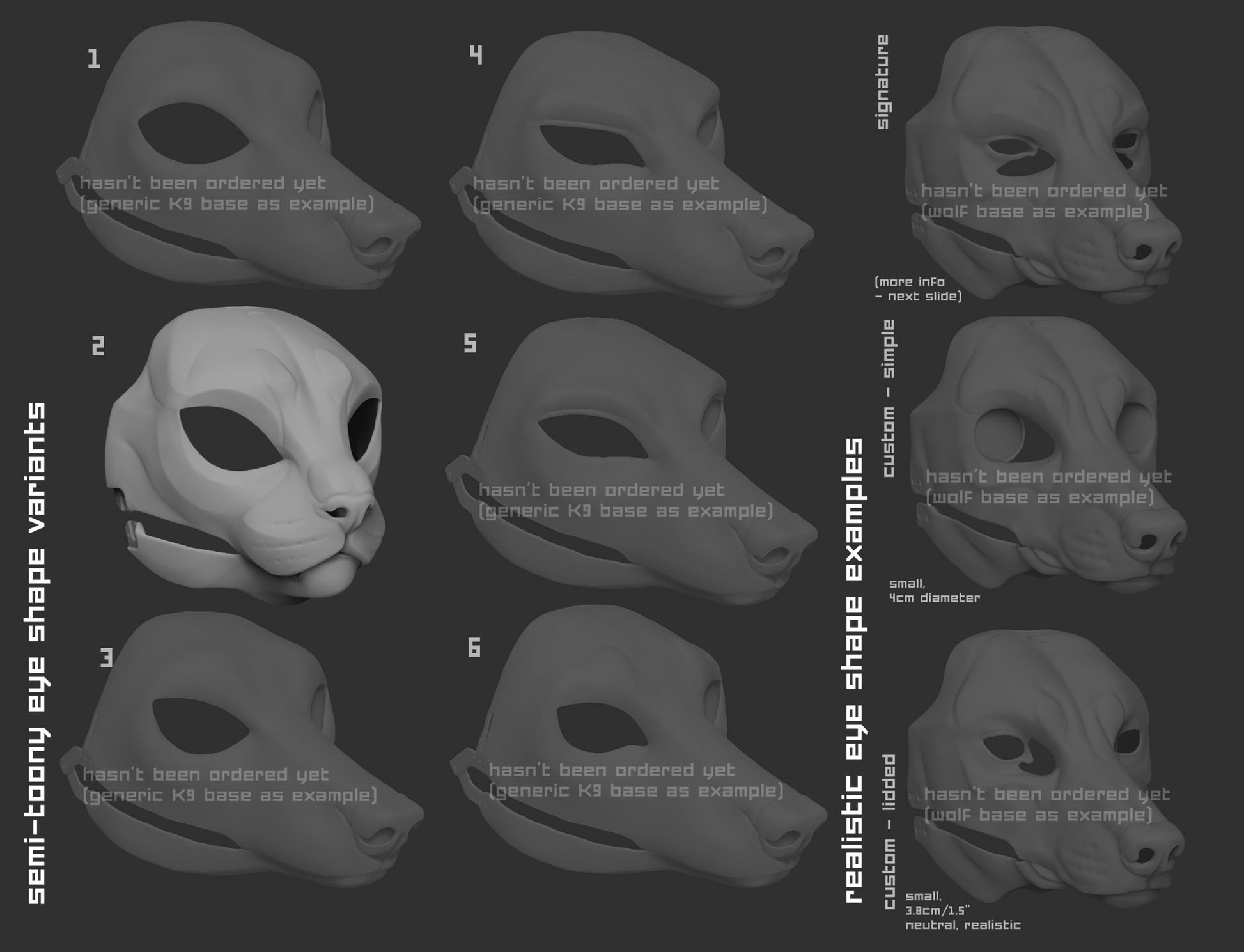 Light grey 3D renderings showcasing the various eye shape variants for a house cat mask or fursuit base on a dark grey background.