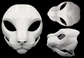 Photo collage showing a white, plastic 3D printed house cat fursuit head base complete with metal hardware featuring a front, side, and top view against a black background.