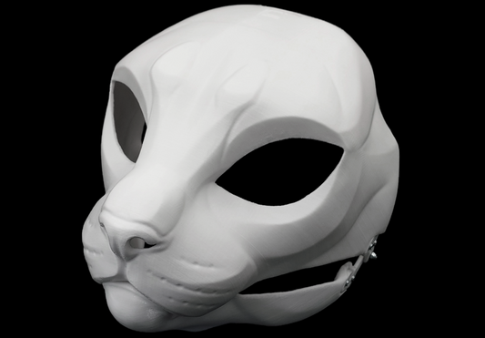 Photo showing a white, plastic 3D printed house cat fursuit head base complete with metal hardware at a 3/4 angle against a black background.