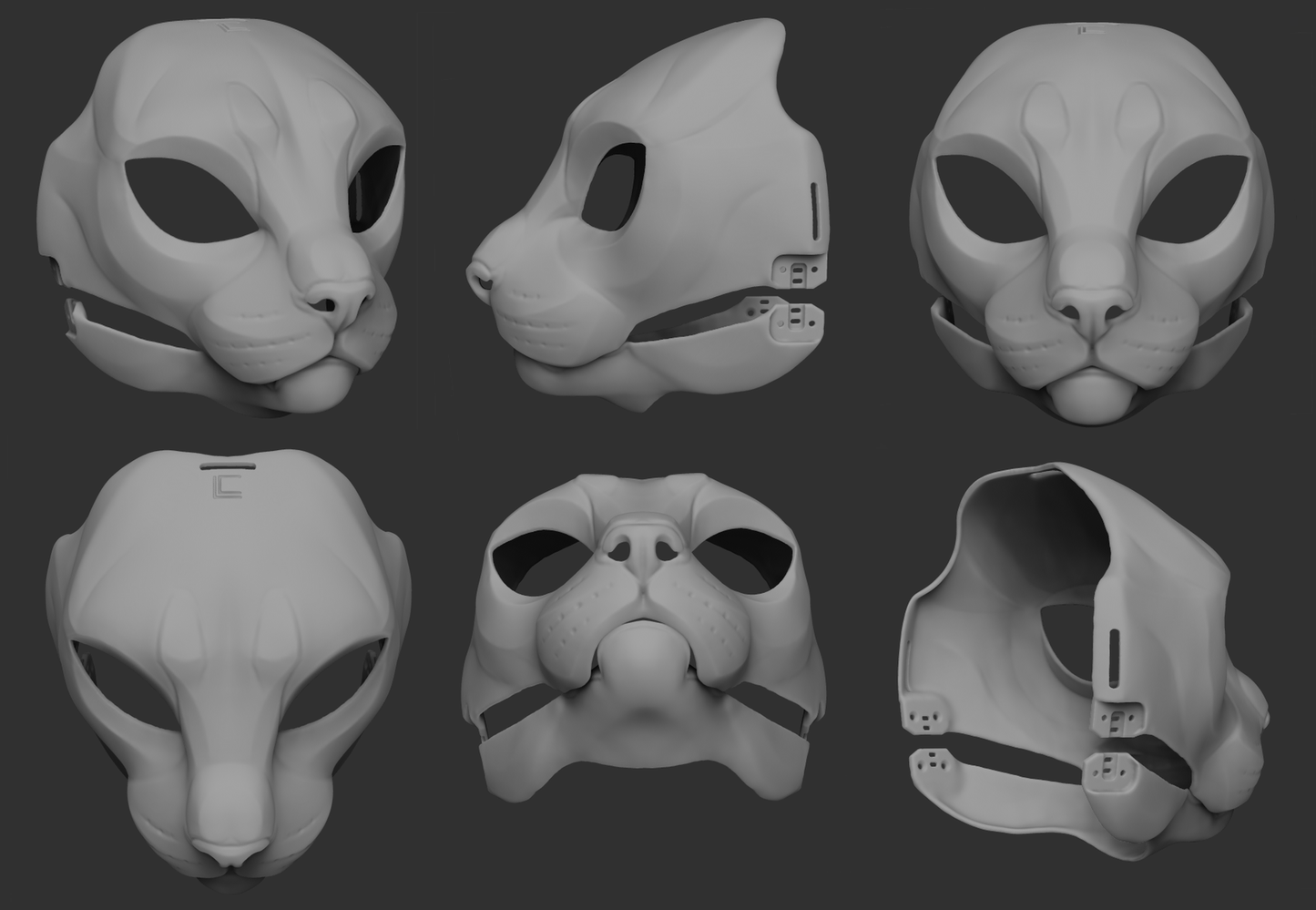 A collection of 3D rendered, light grey images showing different angles of a house cat head base designed for fursuits, displaying the front, side, and back views against a dark grey background.