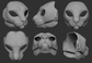 A collection of 3D rendered, light grey images showing different angles of a house cat head base designed for fursuits, displaying the front, side, and back views against a dark grey background.