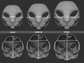 Size chart for a house cat mask or fursuit base featuring three 3D light grey renderings with measurements labeled for small, medium, and large sizes on a dark grey background.