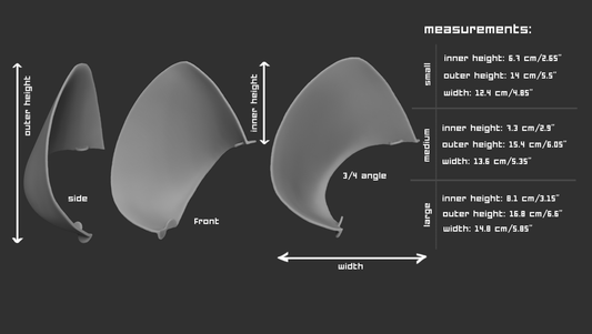 Size chart for hyena ear accessory for a mask with measurements labeled for small, medium, and large sizes on a dark background