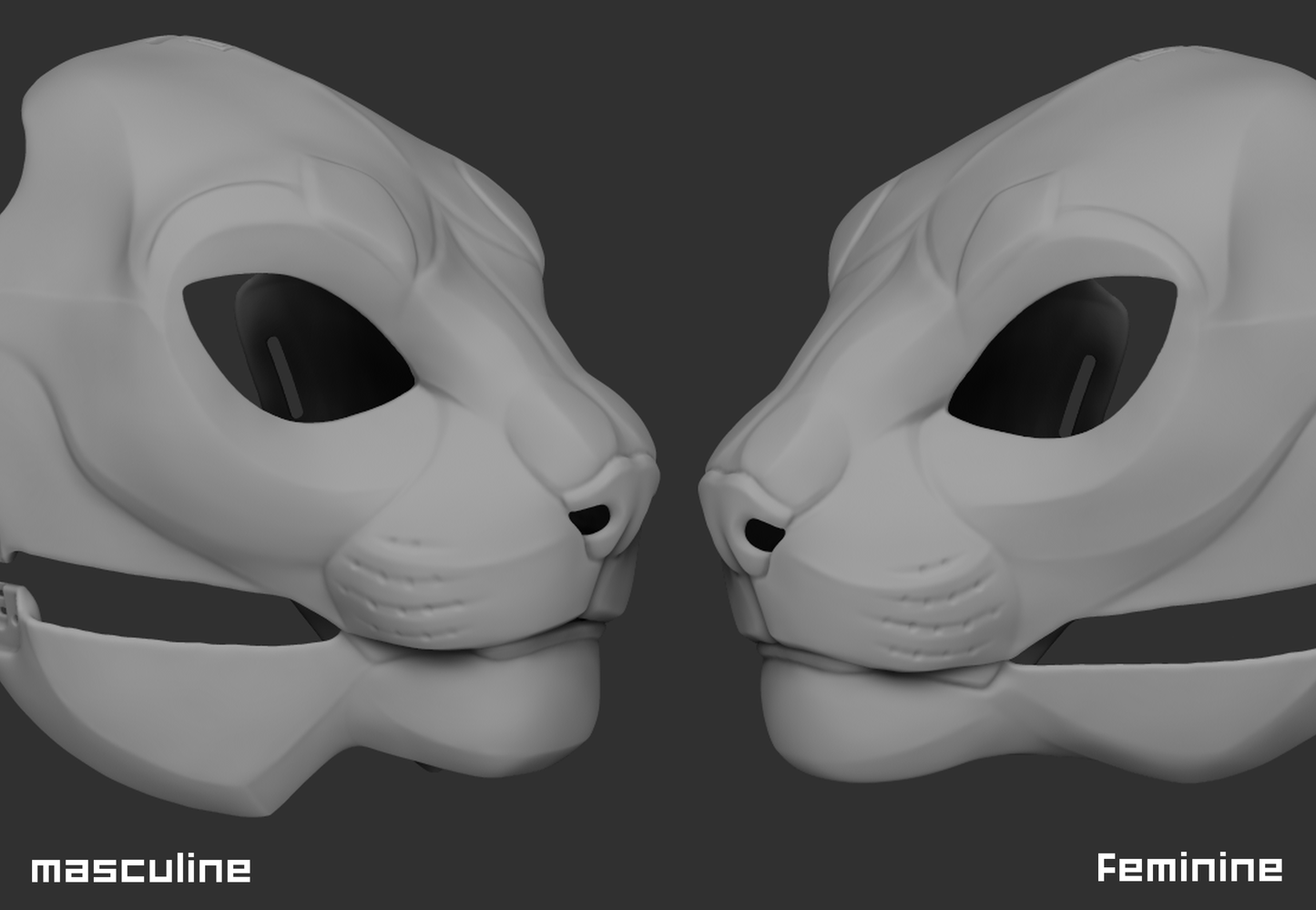 Light grey 3D renderings of two Khajiit fursuit bases showing the differences between the masculine and feminine variation of the model against a dark grey background.