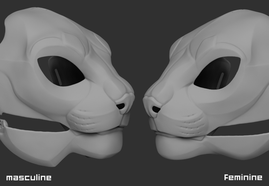 Light grey 3D renderings of two Khajiit fursuit bases showing the differences between the masculine and feminine variation of the model against a dark grey background.