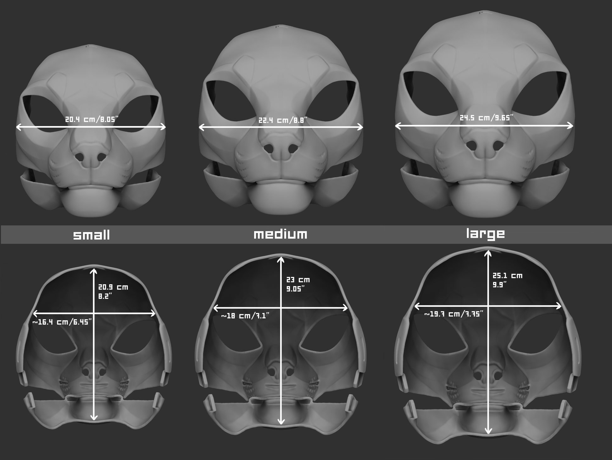 Size chart for a Khajiit mask or fursuit base featuring three 3D light grey renderings with measurements labeled for small, medium, and large sizes on a dark grey background.