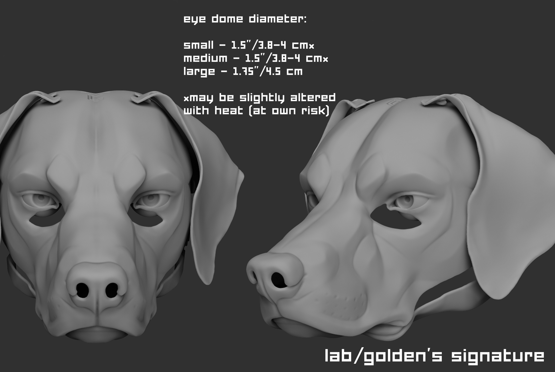 3D rendered example of a "signature" humanoid realistic eye style on a labrador retriever dog mask or fursuit base on a dark grey background.