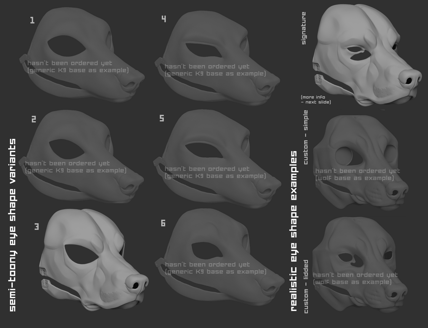 Various eye shape variants for a labrador retriever dog mask on a dark background