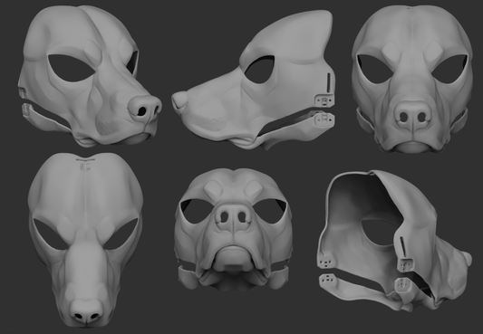 Gray 3D models of a labrador retriever dog mask from different angles on a dark background.