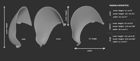 Size chart for lion or big cat ear accessory for a mask or fursuit with measurements labeled for small, medium, and large sizes on a dark background.