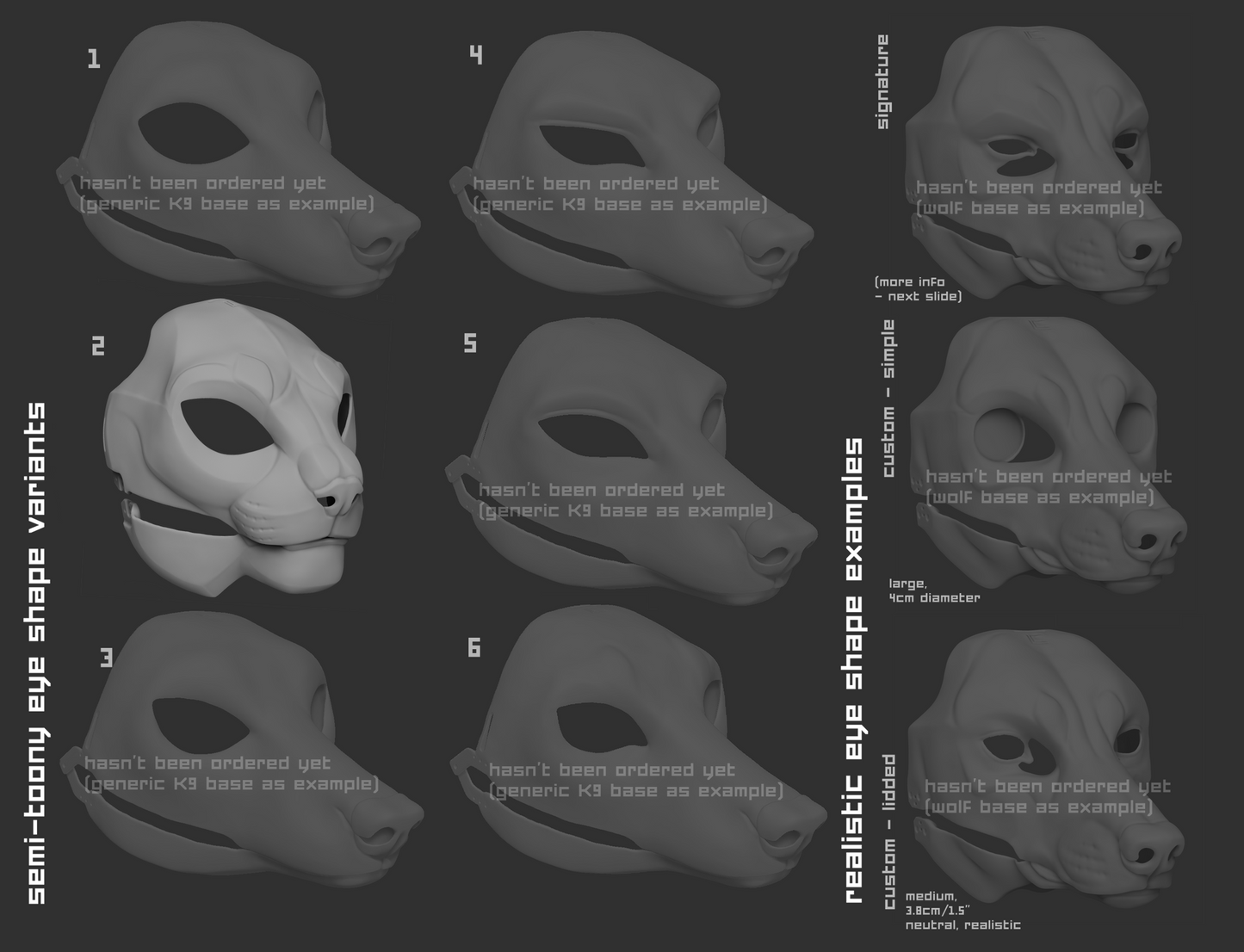 Light grey 3D renderings showcasing the various eye shape variants for a masculine Khajiit mask or fursuit base on a dark grey background.