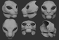 A collection of 3D rendered, light grey images showing different angles of a masculine Khajiit head base designed for fursuits and cosplays, displaying the front, side, and back views against a dark grey background.