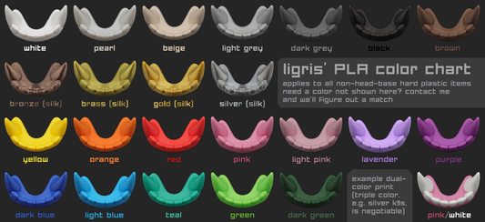 Color chart showing all colors of PLA available in the Ligris Cybernetics store via photos 3D printed fursuit teeth shown on a dark grey background.