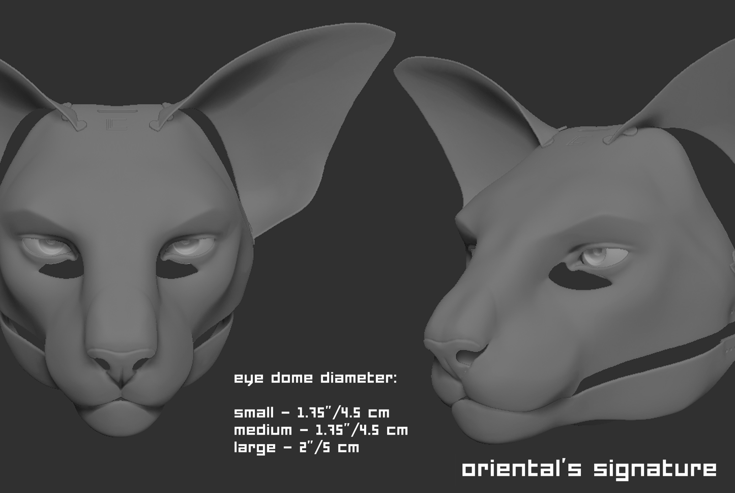 3D rendered example of a "signature" humanoid realistic eye style on an oriental cat mask or fursuit base on a dark grey background.