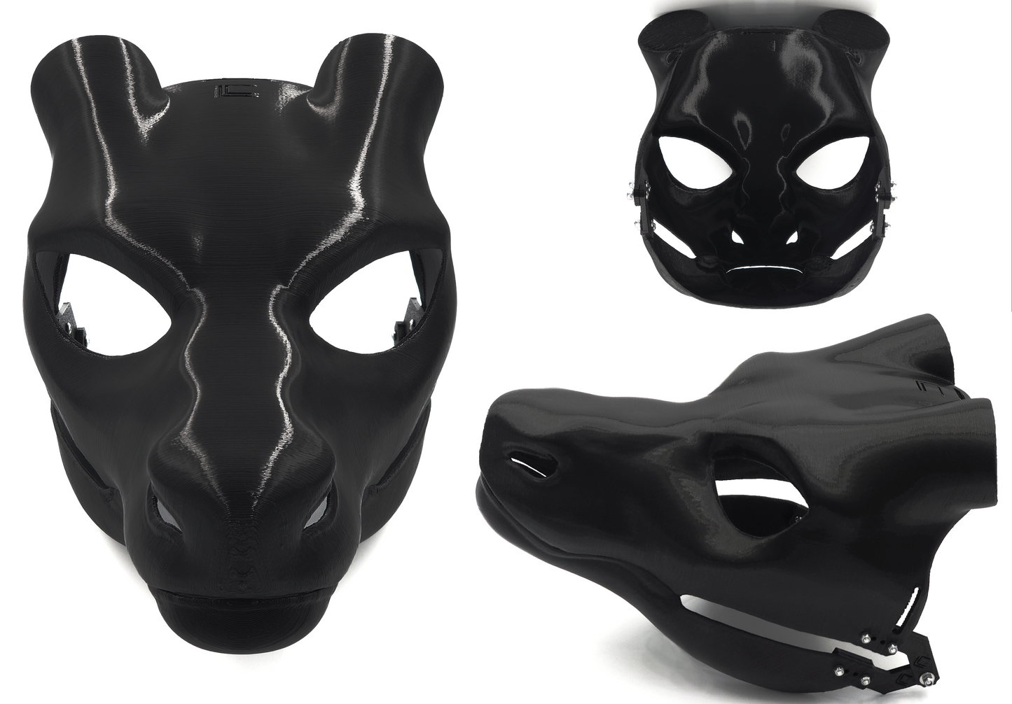 A 3D printed black fursuit head base designed to resemble a dragon's head shown from multiple angles.