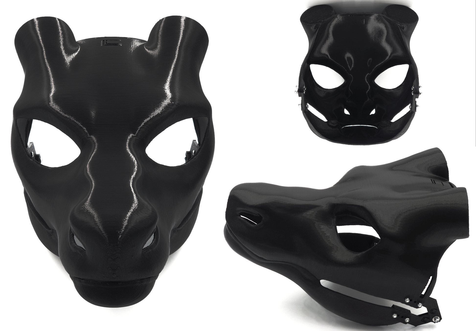 A 3D printed black fursuit head base designed to resemble a dragon's head shown from multiple angles.