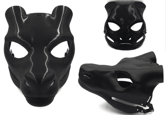A 3D printed black fursuit head base designed to resemble a dragon's head shown from multiple angles.