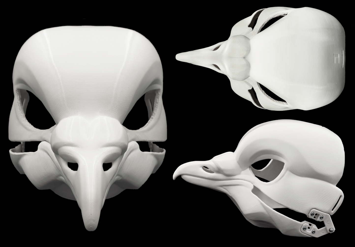 Photo collage showing a white, plastic 3D printed pigeon fursuit head base complete with metal hardware featuring a front, side, and top view against a black background.