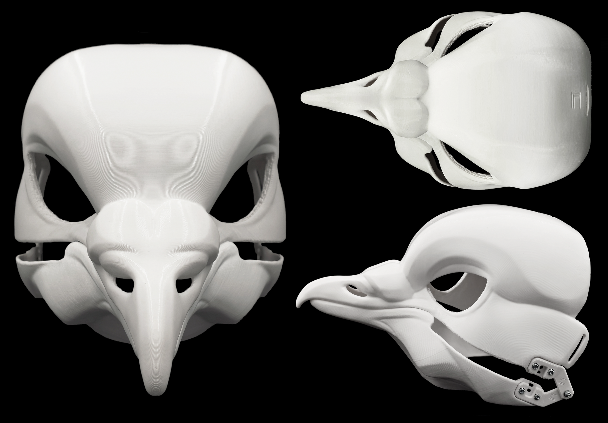 Photo collage showing a white, plastic 3D printed pigeon fursuit head base complete with metal hardware featuring a front, side, and top view against a black background.