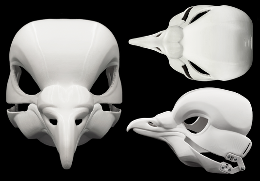 Photo collage showing a white, plastic 3D printed pigeon fursuit head base complete with metal hardware featuring a front, side, and top view against a black background.