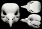 Photo collage showing a white, plastic 3D printed pigeon fursuit head base complete with metal hardware featuring a front, side, and top view against a black background.