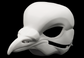 Photo showing a white, plastic 3D printed pigeon fursuit head base complete with metal hardware at a 3/4 angle against a black background.
