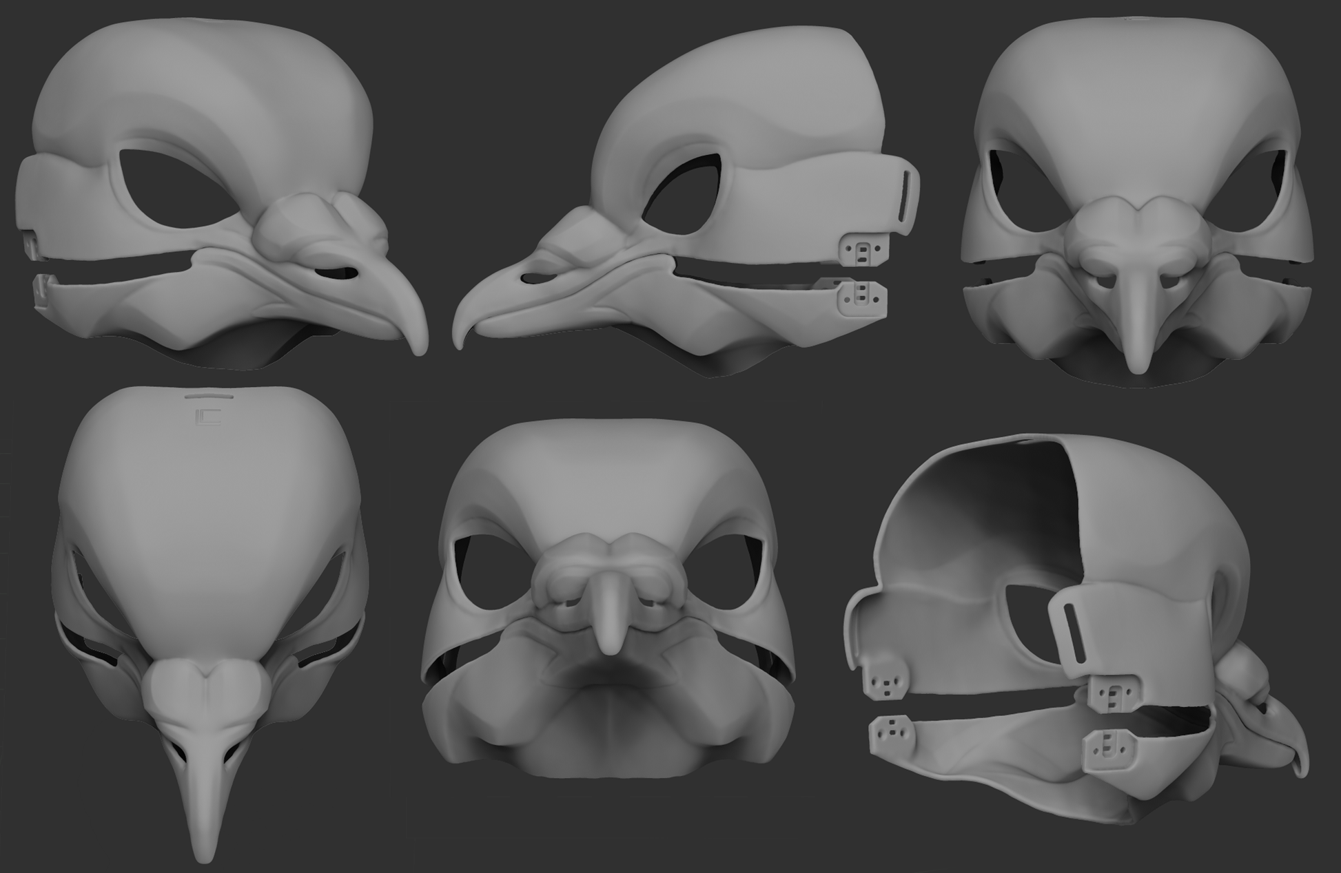Gray 3D models of a pigeon mask or fursuit base from different angles on a dark background.