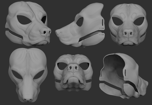 Gray 3D models of a pitbull or amstaff dog mask or fursuit base from different angles on a dark background.