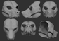 Gray 3D models of a pitbull or amstaff dog mask or fursuit base from different angles on a dark background.