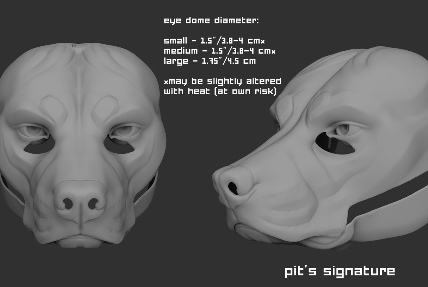 Example of a "signature" humanoid realistic eye style on a 3D model of a pitbull or amstaff dog mask or fursuit base on a dark background.