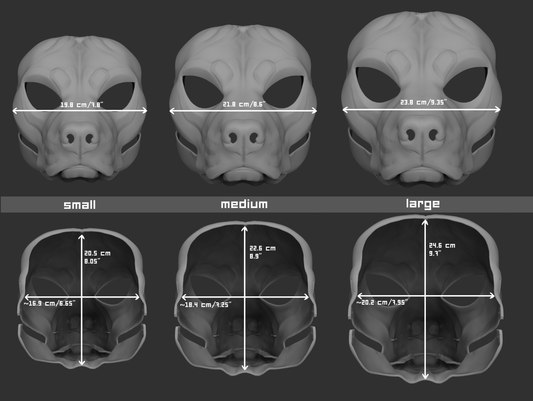Size chart for a pitbull or amstaff dog mask or fursuit base with measurements labeled for small, medium, and large sizes on a dark background.