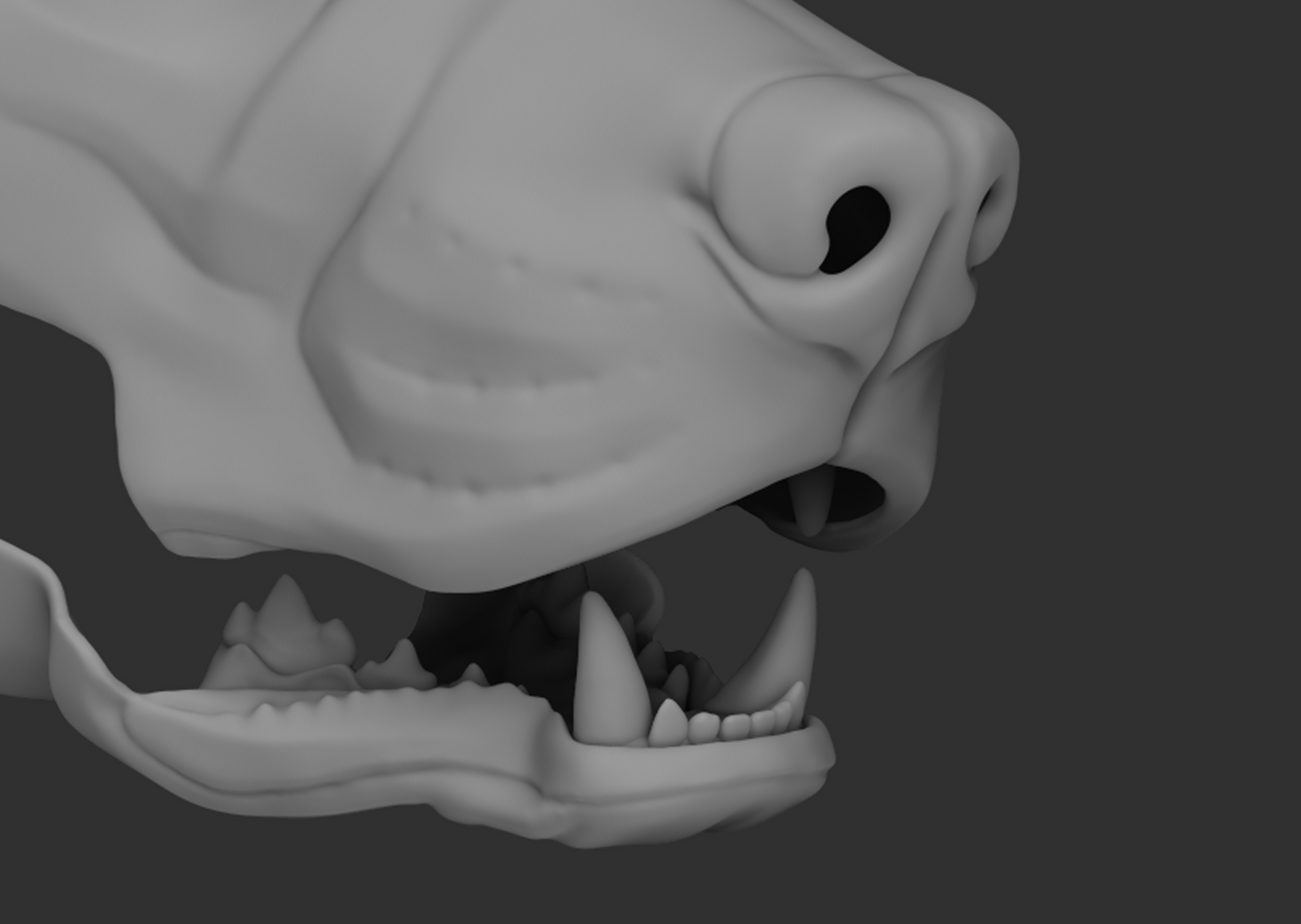 Gray 3D model of a pitbull or amstaff dog's head with open mouth showing teeth on a dark background.