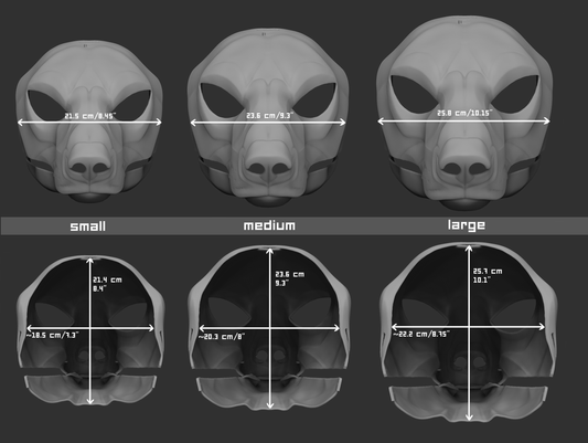Size chart for a polar bear mask or fursuit base with measurements labeled for small, medium, and large sizes on a dark background.