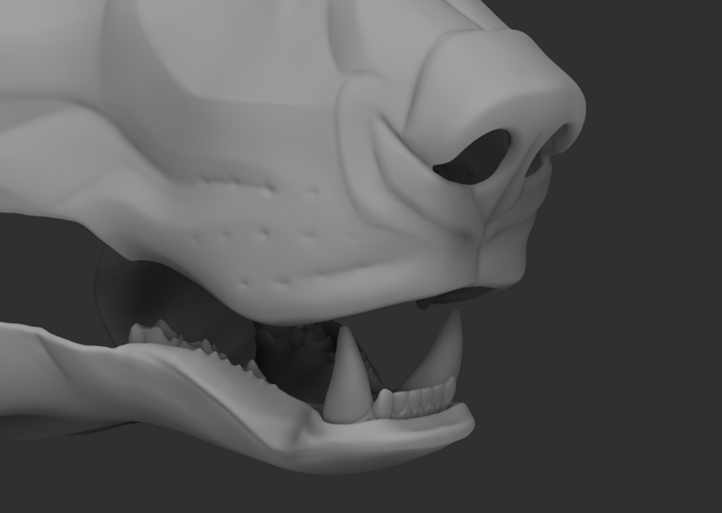 Gray 3D model of a polar bear's head with open mouth showing teeth on a dark background.
