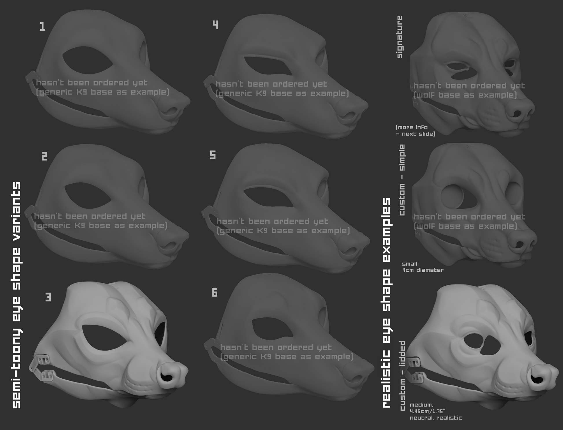 Various eye shape variants for a raccoon mask or fursuit base on a dark background.