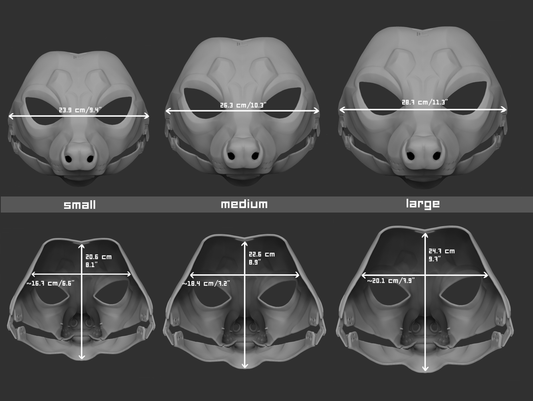 Size chart for a raccoon mask or fursuit base with measurements labeled for small, medium, and large sizes on a dark background.
