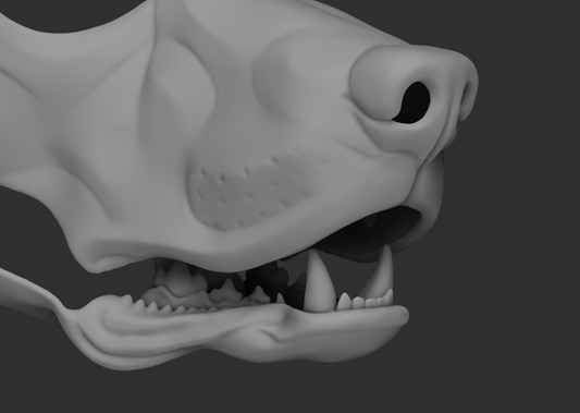 Gray 3D model of a labrador dog's head with open mouth showing teeth on a dark background
