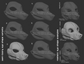 Light grey 3D renderings showcasing the various eye shape variants for a samoyed dog mask or fursuit base on a dark grey background.
