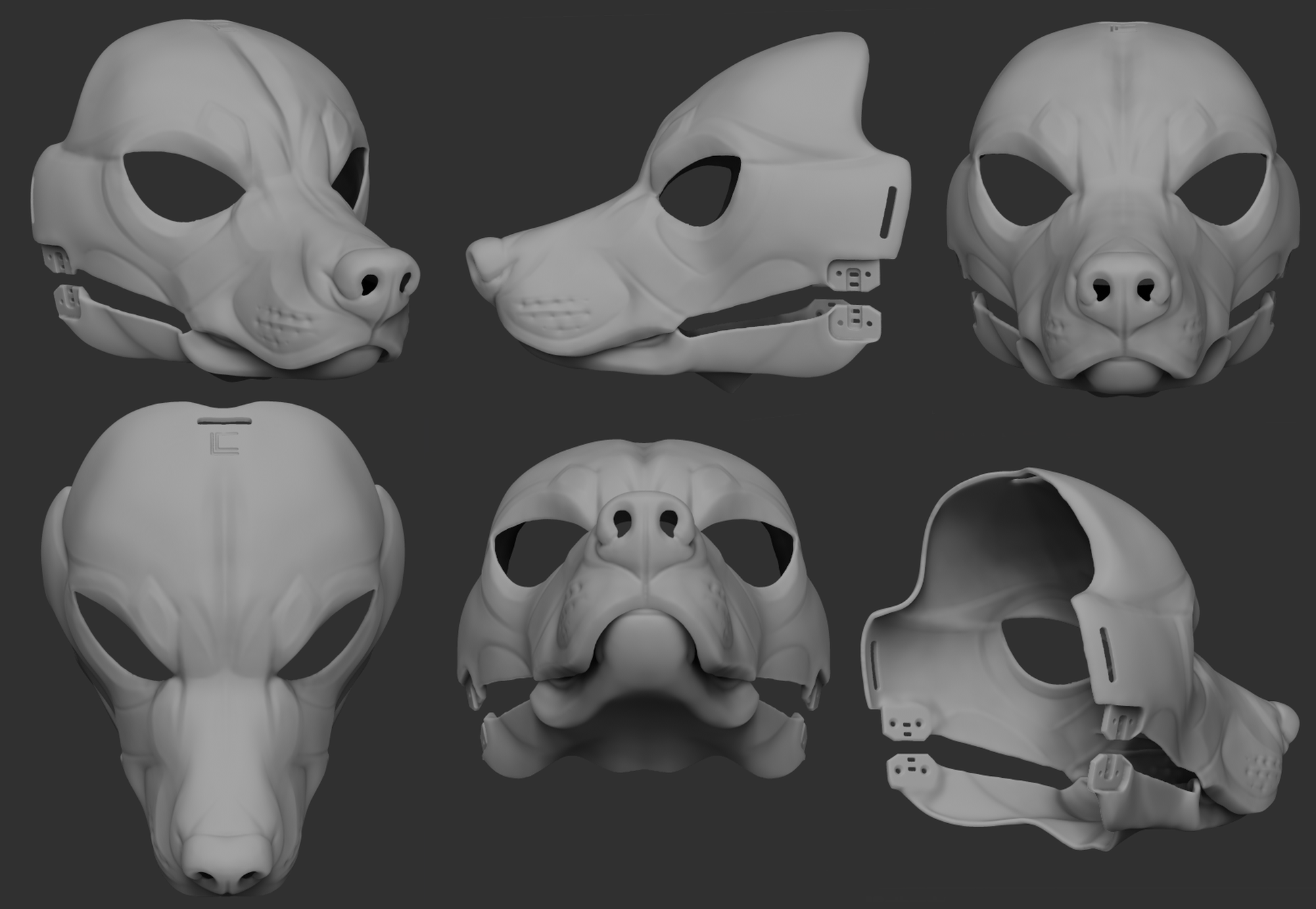 A collection of 3D rendered, light grey images showing different angles of a samoyed dog head base designed for fursuits, displaying the front, side, and back views against a dark grey background.