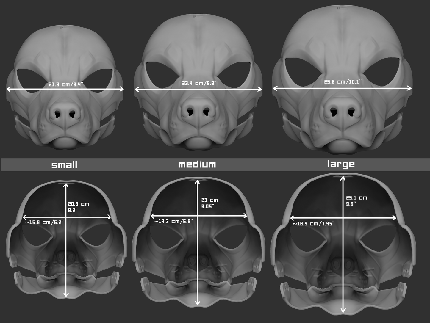 Size chart for a samoyed dog mask or fursuit base featuring three 3D light grey renderings with measurements labeled for small, medium, and large sizes on a dark grey background.